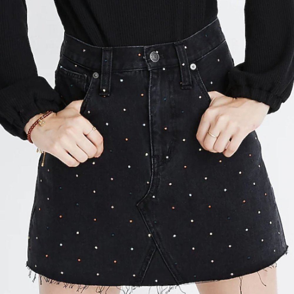 Madewell Rigid Denim A-Line Mini Skirt: Metallic Rainbow Dots Edition